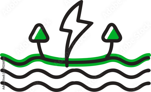 Electric energy source power surge lightning bolt striking the water with two upward arrows indicating growth or output symbol