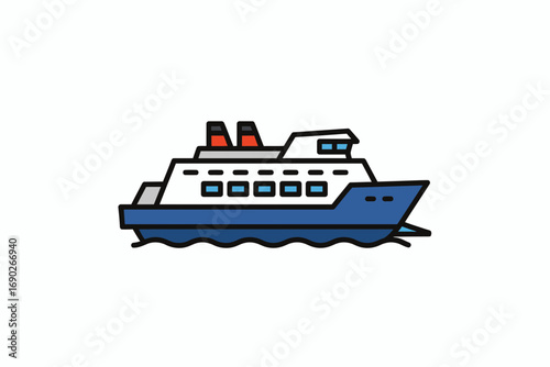 A stylized illustration of a blue and white ferry boat sailing on the water.
