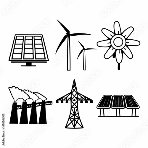 Illustration of solar panels, wind turbines, flower, and power plant