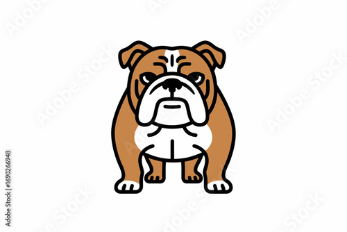 Cartoon illustration of a brown and white bulldog standing, facing forward, with a simple, clean design on a white background.