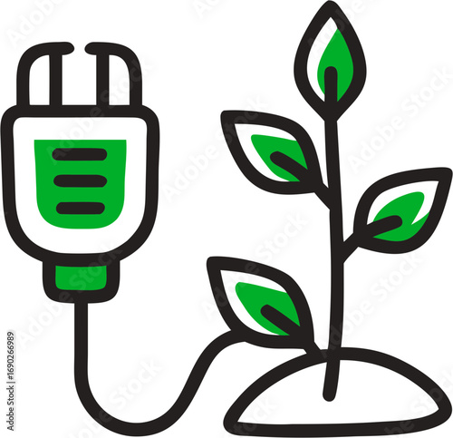 Illustration of a plant sprout growing from soil connected to an electrical plug symbolizing green energy and sustainable growth and future