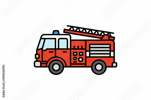A red firetruck with an extended ladder, ready for emergency response.
