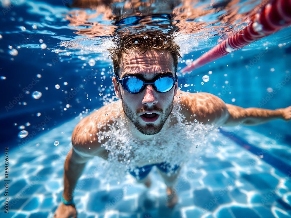 Naklejka premium Swimmer in blue goggles swimming underwater in a pool.