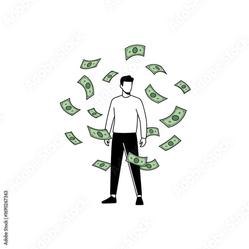 Money flow concept in minimalist vector style. A sleek design of a person surrounded by cash, emphasizing financial freedom and modern prosperity visuals.
