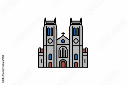 A stylized illustration of a grand, gothic-style cathedral facade.