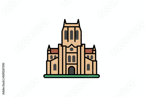 Illustration of a large cathedral with arches, windows, and a tower, set on a green base, against a white background.