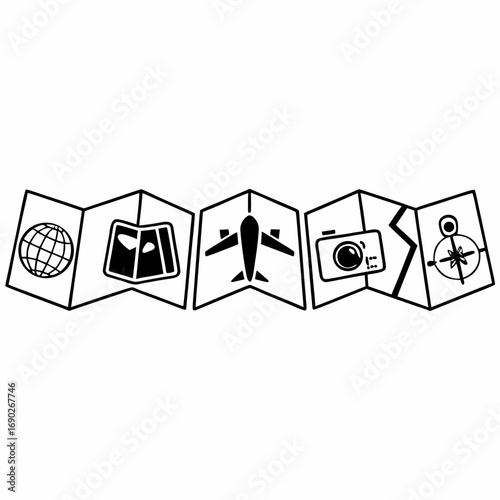 Travel and tourism icons on a folded map in black and white illustration