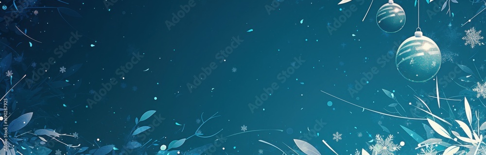 Fototapeta premium Dreamy Starry Christmas Background with Frosted Blue Orbs and Botanical Accents