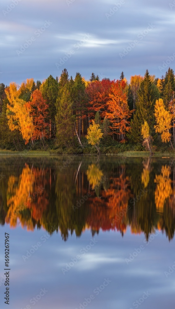 Obraz premium Autumn forest reflected in calm lake water fall trees