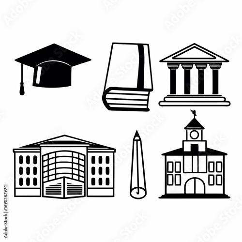 Illustration of education icons including graduation cap, school building, book, university, and pencil