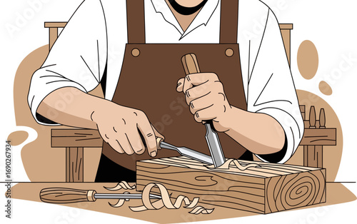Artisan crafting wood with chisels for bespoke carpentry, showcasing woodworking skill and craftsmanship