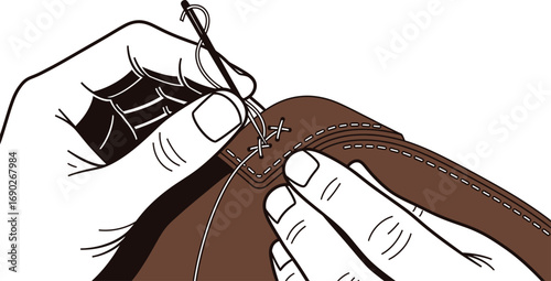 Artisanal hands meticulously sewing rich brown leather goods with traditional needle and thread technique