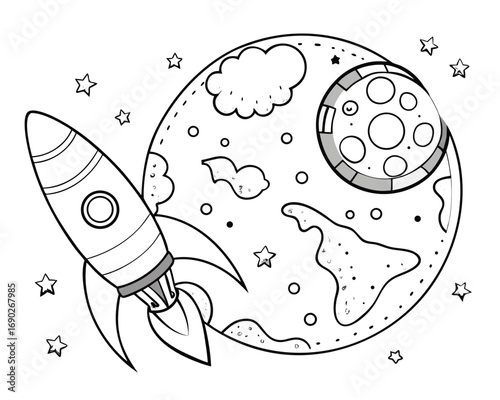 A whimsical black and white illustration of a rocket launching into space, surrounded by a cartoonish depiction of a planet and moon.