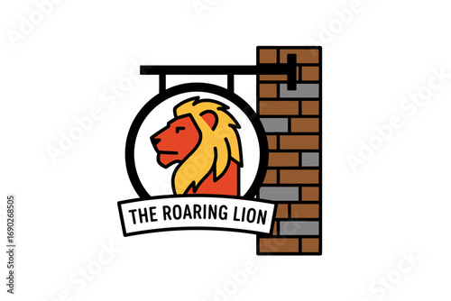 A stylized pub sign featuring a lion's head, displayed against a brick wall backdrop.