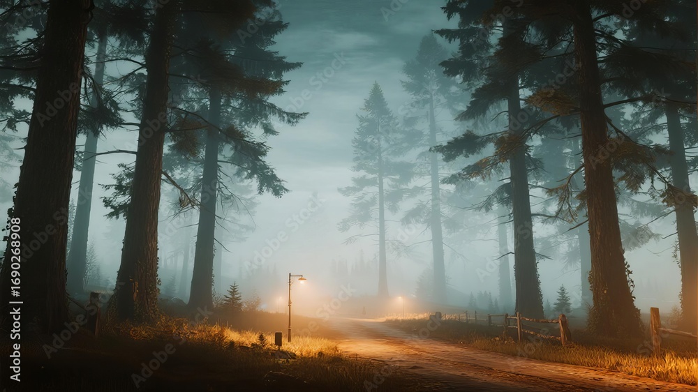 Fototapeta premium Mist-Shrouded Forest with Various Paths Illuminated by Atmospheric Lighting, Mystical and Serene Landscape