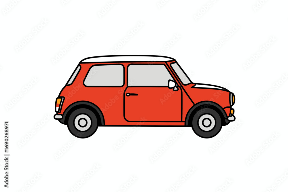 Fototapeta premium Classic red Mini Cooper, side profile illustration, simple line art design.