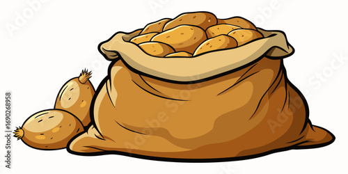 A highly realistic image of a burlap sack filled with fresh, raw potatoes, with several spilling out onto a clean white surface. The potatoes have natural, earthy textures with small blemishes and a s