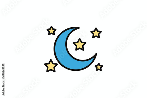 A crescent moon surrounded by four yellow stars, all outlined in black, against a white background.