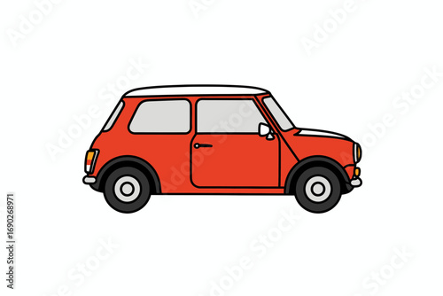 Classic red Mini Cooper, side profile illustration, simple line art design.