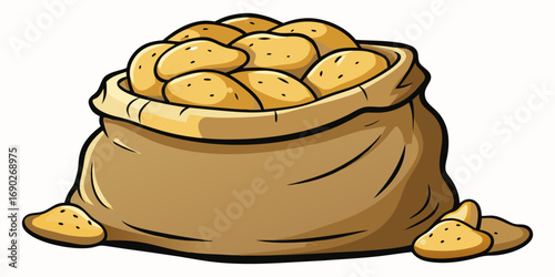 A highly realistic image of a burlap sack filled with fresh, raw potatoes, with several spilling out onto a clean white surface. The potatoes have natural, earthy textures with small blemishes and a s