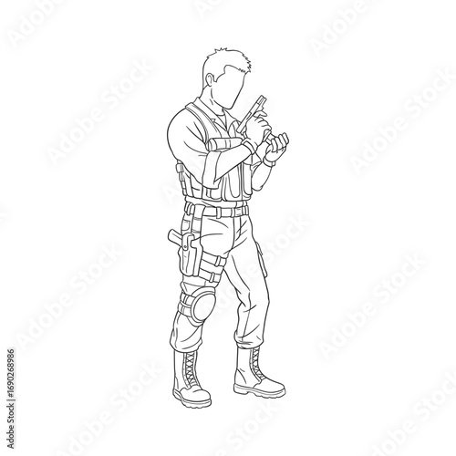 vector sketch illustration of a soldier police stand and reloading his gun