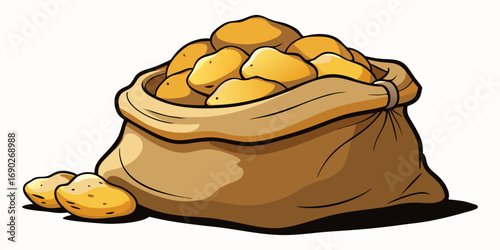 A highly realistic image of a burlap sack filled with fresh, raw potatoes, with several spilling out onto a clean white surface. The potatoes have natural, earthy textures with small blemishes and a s