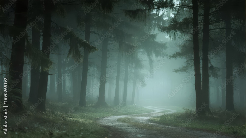 Obraz premium Mist-Shrouded Forest with Various Paths Illuminated by Atmospheric Lighting, Mystical and Serene Landscape