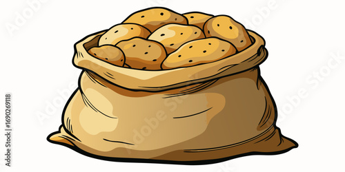 A highly realistic image of a burlap sack filled with fresh, raw potatoes, with several spilling out onto a clean white surface. The potatoes have natural, earthy textures with small blemishes and a s