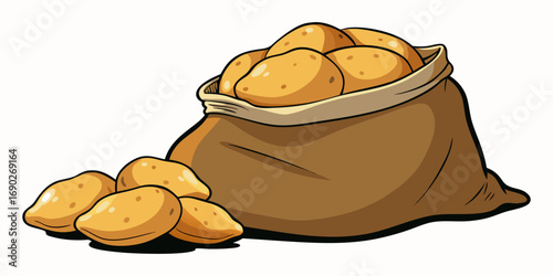 A highly realistic image of a burlap sack filled with fresh, raw potatoes, with several spilling out onto a clean white surface. The potatoes have natural, earthy textures with small blemishes and a s