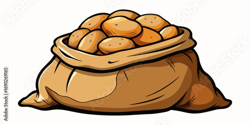 A highly realistic image of a burlap sack filled with fresh, raw potatoes, with several spilling out onto a clean white surface. The potatoes have natural, earthy textures with small blemishes and a s