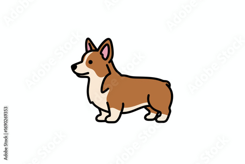 Illustration of a brown and white corgi dog standing in profile against a white background.