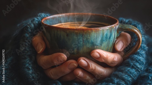 Cozy Warmth - Hands Embracing a Steaming Mug of Comfort.
