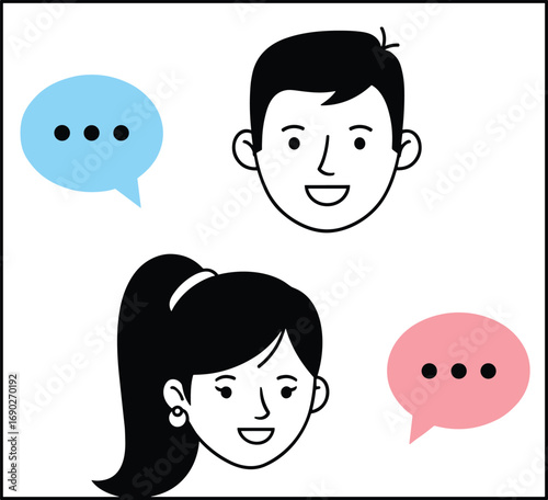 Cartoon vector illustration of man and woman talking with speech bubbles, blue and pink dialogue icons, communication concept, conversation, chat, flat style
