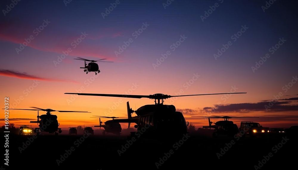 Fototapeta premium Silhouetted helicopters and vehicles deploying at dusk, battlefield, transport