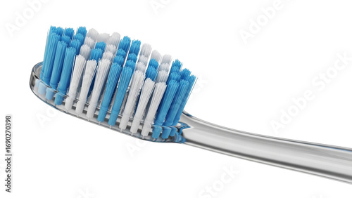 Modern transparent toothbrush with blue and white bristles in a close-up studio shot, on Transparent Background
