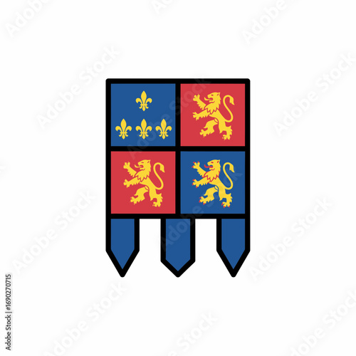A heraldic banner displays quartered lions and fleurs-de-lis.