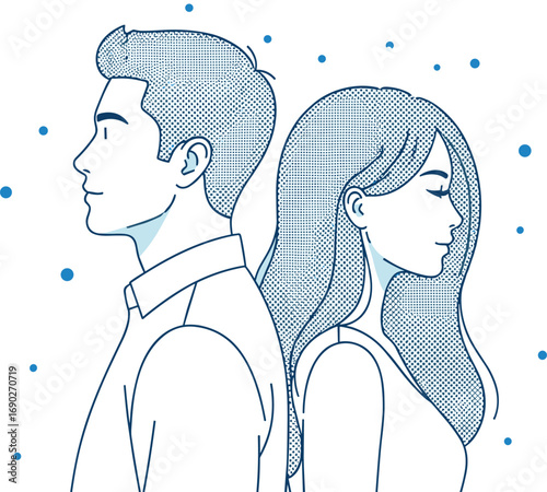 Minimalist blue‑toned vector illustration of man and woman standing back‑to‑back, line art style, dot shading, relationship concept, emotional distance, contrast, flat design