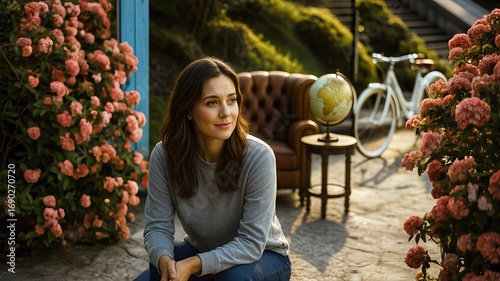 Contemplative woman among pink blossoms with vintage chair and globe-