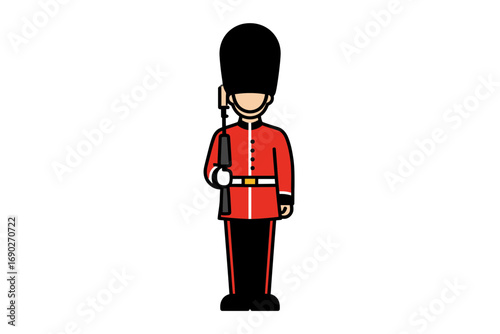 A cartoon illustration depicts a British Royal Guard standing at attention, holding a rifle.