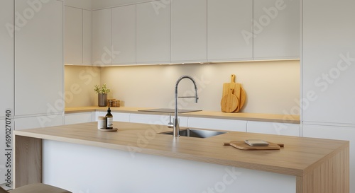 Modern Kitchen with Light Wood Island and White Cabinets