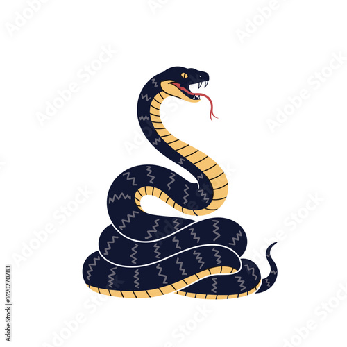 A coiled black viper with yellow markings and a forked red tongue flicking out