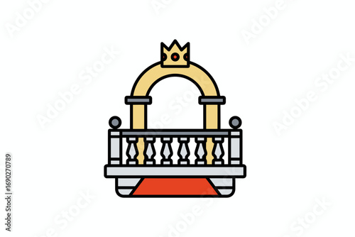 Elegant arched balcony with crown, ornate railing, and red carpet.