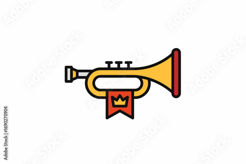 A simple, stylized illustration of a golden trumpet with a red ribbon and crown, suggesting royalty or celebration.