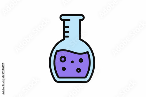 A stylized illustration of a laboratory flask containing a purple liquid with bubbles.