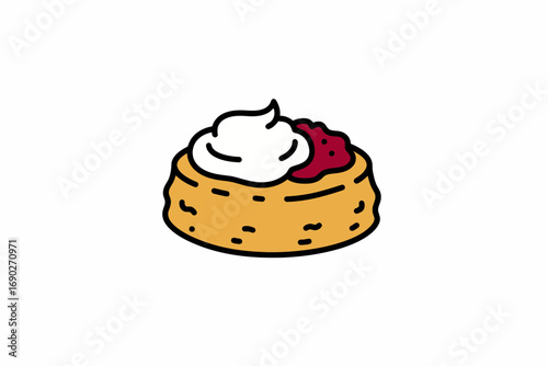 Simple illustration of a scone topped with whipped cream and jam.