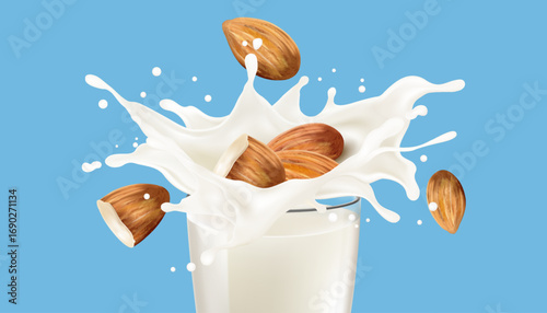 Milk liquid of glass splashing isolated on solid color background. Realistic vector in 3D elements. Food and Drink concepts.