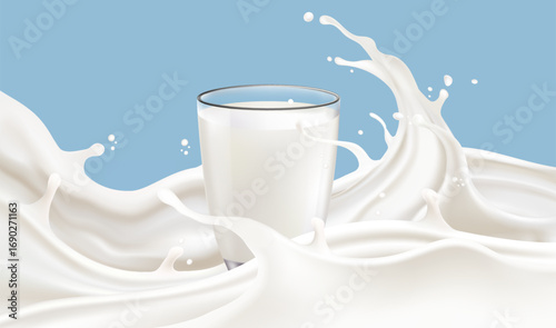Milk liquid of glass splashing isolated on solid color background. Realistic vector in 3D elements. Food and Drink concepts.