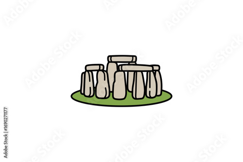 Simplified illustration of Stonehenge, a prehistoric monument, featuring upright stones and a lintel.