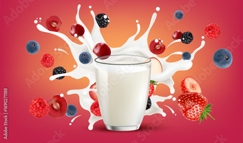 Milk liquid of glass splashing isolated on solid color background. Realistic vector in 3D elements. Food and Drink concepts.