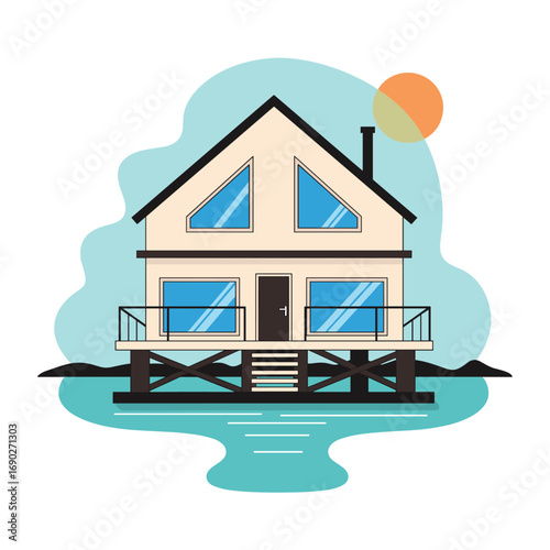 Charming lakeside elevated house design with modern architectural elements and peaceful natural surroundings